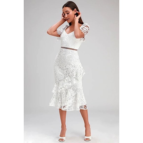 Lulus Briarwood Vintage Inspired Lace Ruffled Midi Bodycon Dress w/V-Neck - XS - Picture 3 of 7
